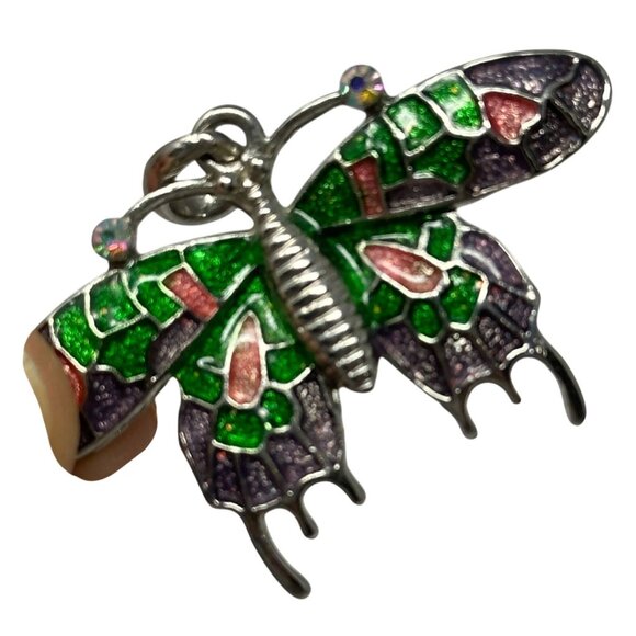 Butterfly Pendant With Colorful Enamel Wings Silver-Tone Metal Base - Picture 2 of 5